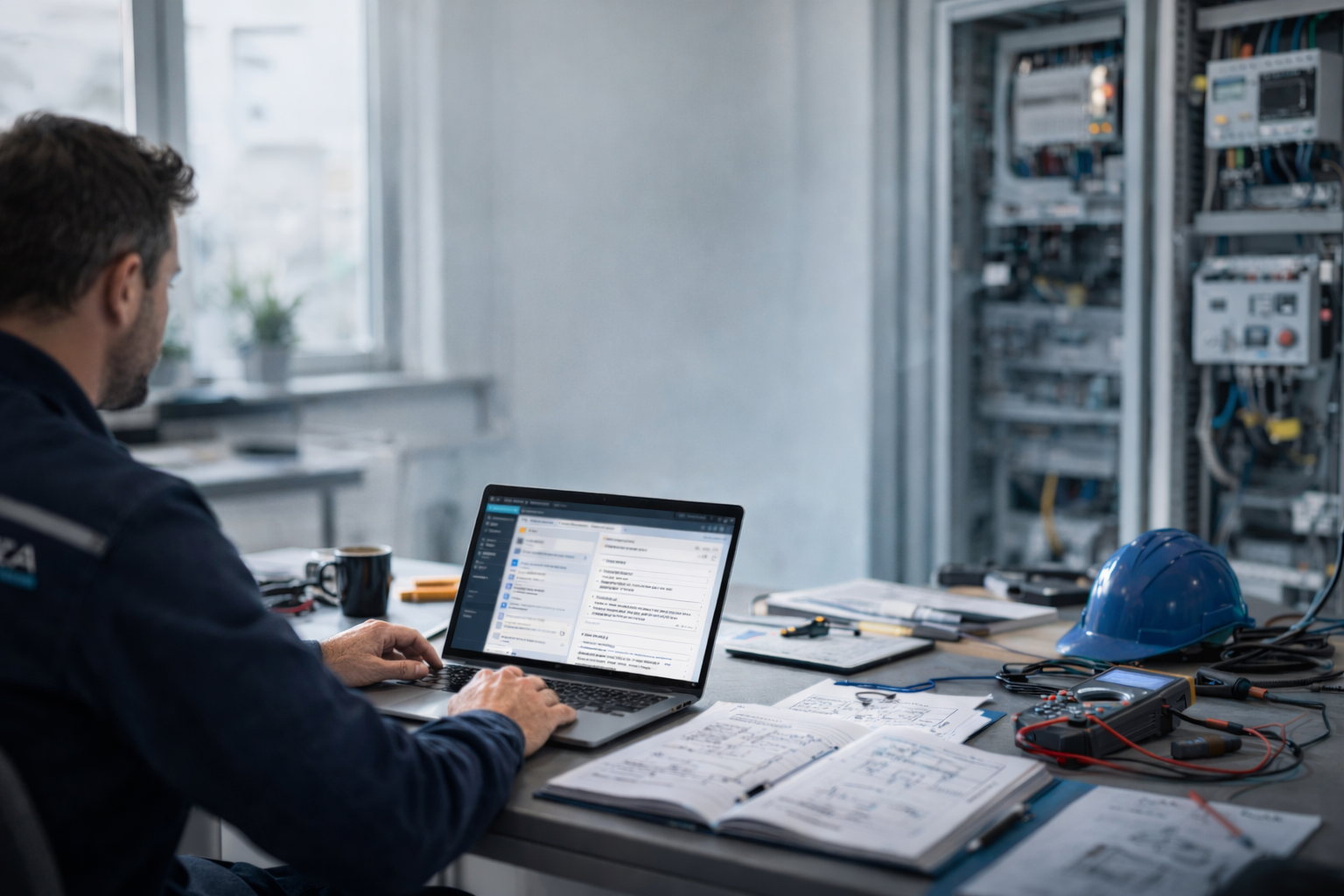 Tecnico dell'assistenza al computer con il gestionale aperto, quadro elettrico e schemi tecnici sul banco