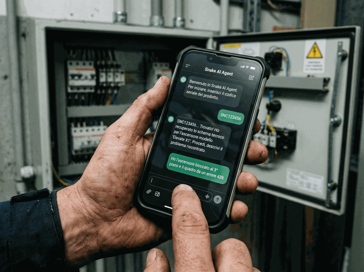 Manutentore in cantiere che dialoga con Snake AI Agent dallo smartphone davanti a un quadro elettrico aperto