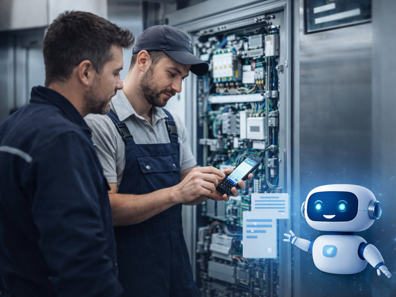 Due tecnici davanti a un quadro elettrico aperto consultano l'assistente AI dallo smartphone